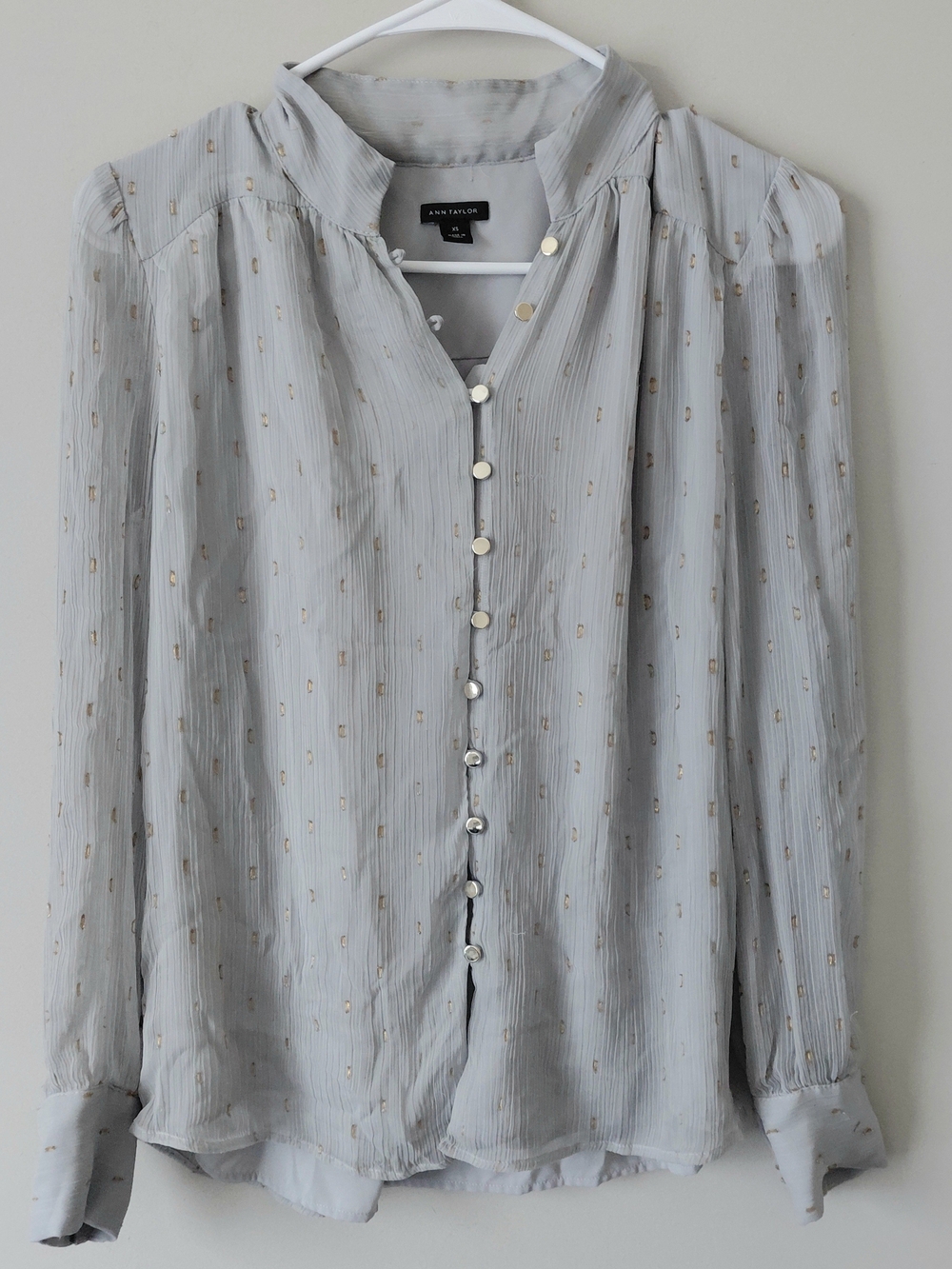 Ann Taylor Light Grey Metallic Dot Button-Up Blouse